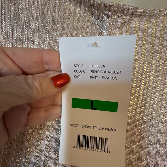 NWT  V-Neck BLUSH/GOLD  Shimmer Tie-Sleeve Top    LARGE    #K - Picture 8 of 9